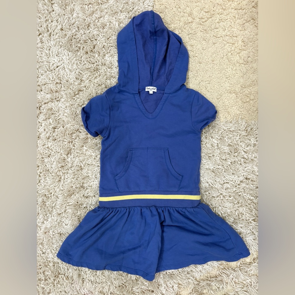 Splendid Blue Hooded Casual Dress with Yellow Stripe